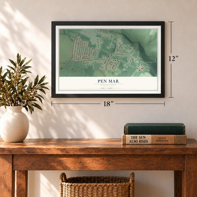 Pen Mar, Pennsylvania map, 12 x 18 inch print in a black frame in an entryway