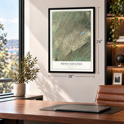 Penn Estates, Pennsylvania map, 18 x 24 inch print in a black frame in a home office