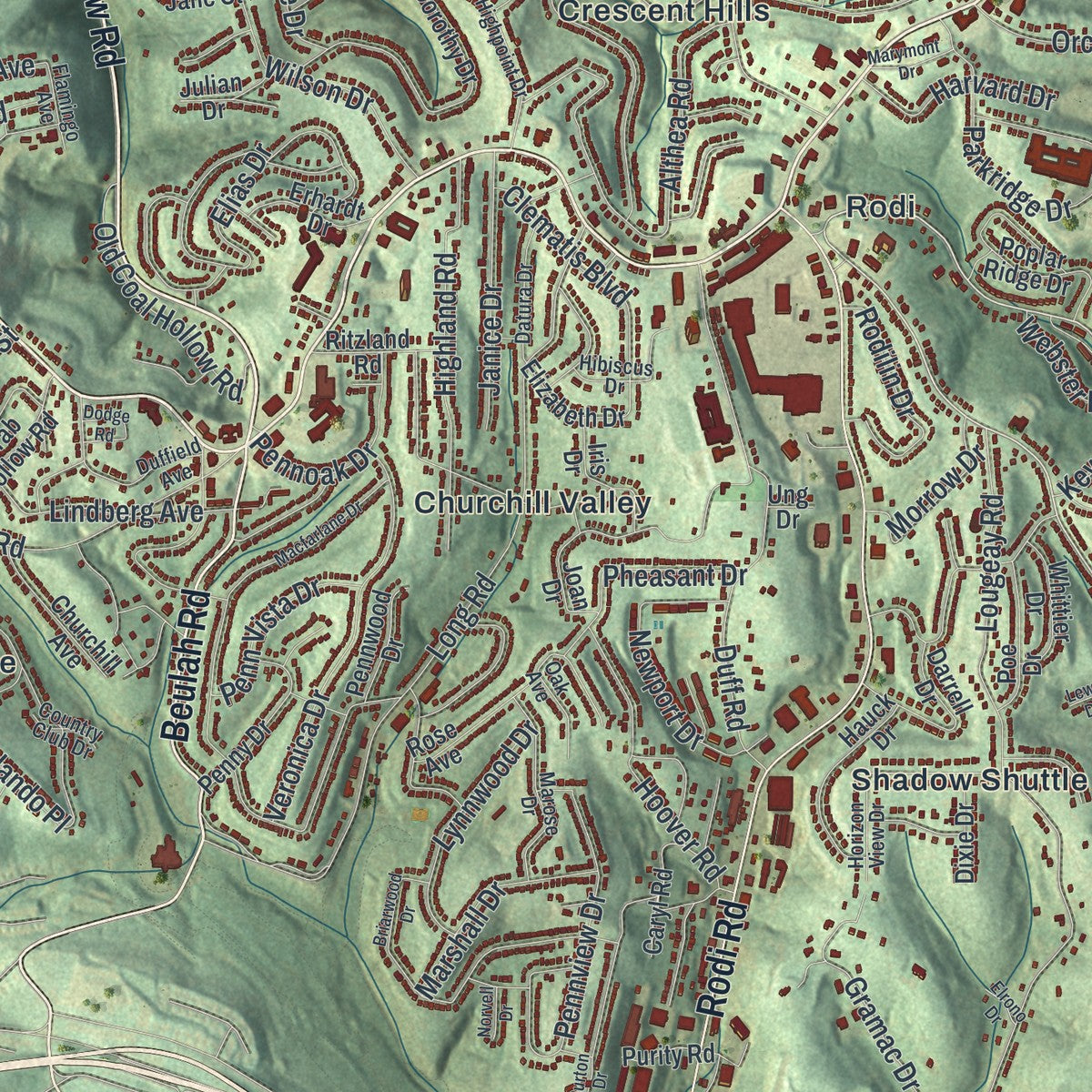 Close-up of the map of Penn Hills, Pennsylvania print showing street and building detail
