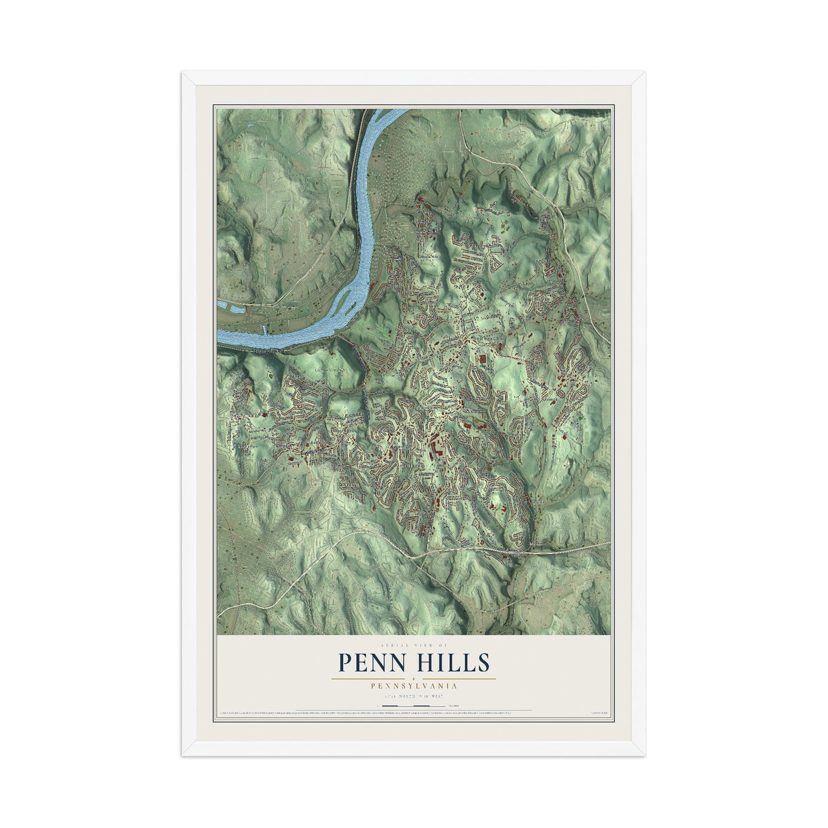 Map of Penn Hills, Pennsylvania, 12 x 18 inch print in a white wood frame