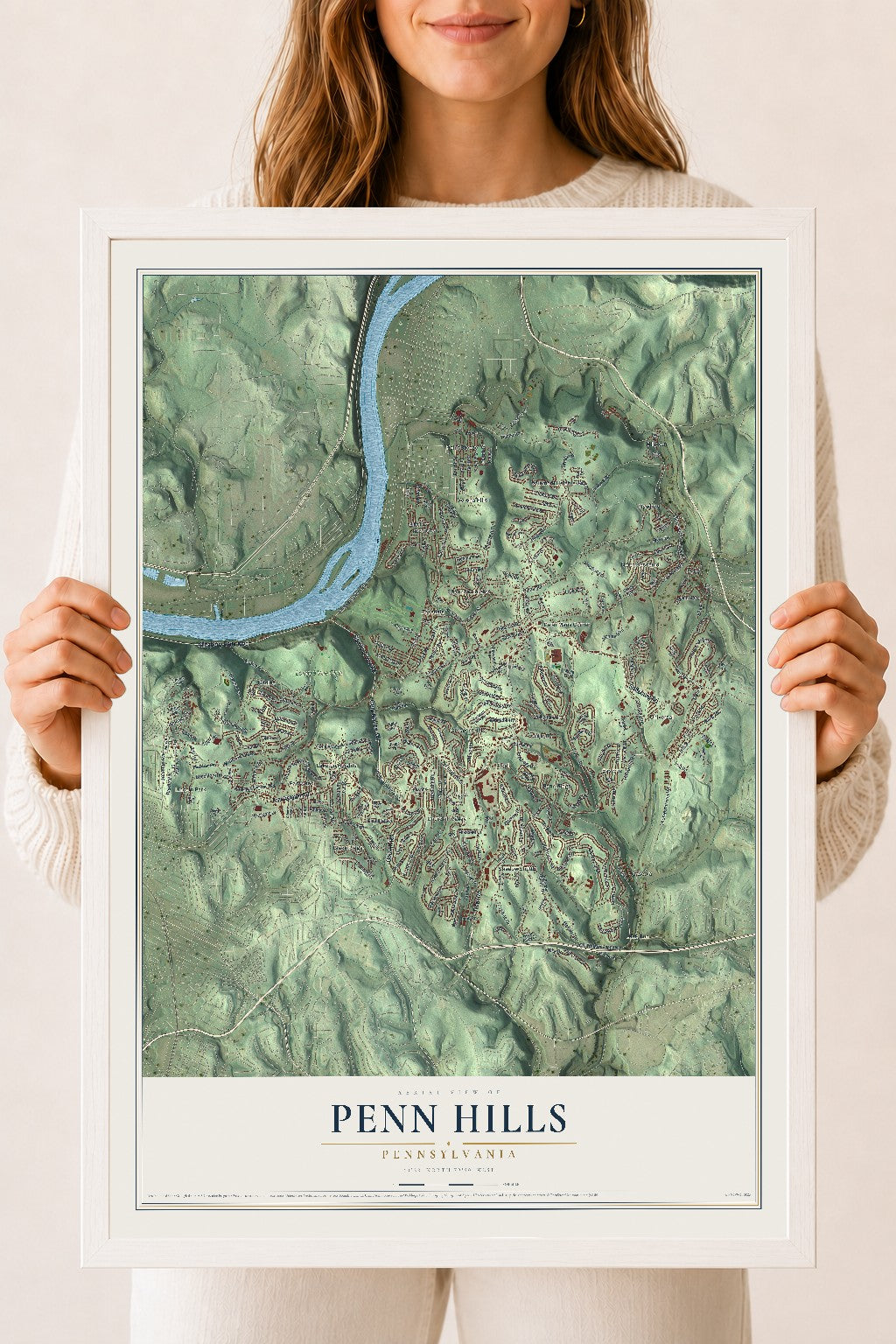 Map of Penn Hills, Pennsylvania, 18 x 24 inch print in a white wood frame