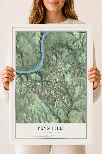 Map of Penn Hills, Pennsylvania, 18 x 24 inch print in a white wood frame