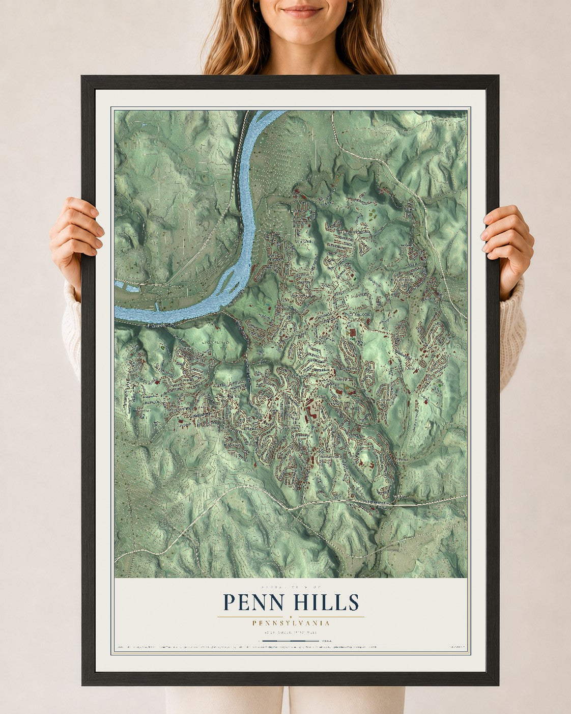 Map of Penn Hills, Pennsylvania, 24 x 36 inch print in a black wood frame