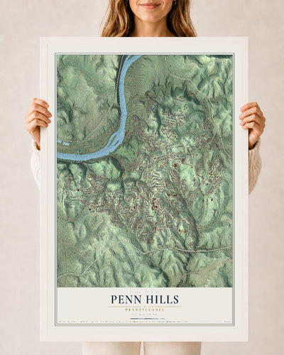 Map of Penn Hills, Pennsylvania, 24 x 36 inch print in a white wood frame