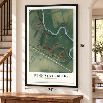 Penn State Berks, Pennsylvania map, 24 x 36 inch print in a black frame by a staircase
