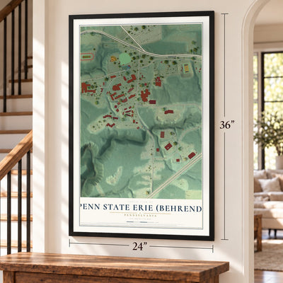 Penn State Erie (Behrend), Pennsylvania map, 24 x 36 inch print in a black frame by a staircase