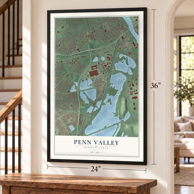 Penn Valley, Pennsylvania map, 24 x 36 inch print in a black frame by a staircase