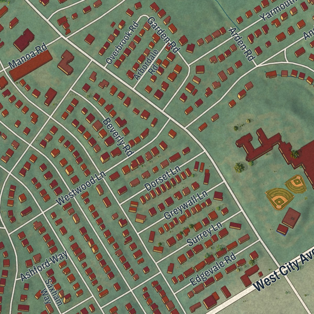 Close-up of the map of Penn Wynne, Pennsylvania print showing street and building detail