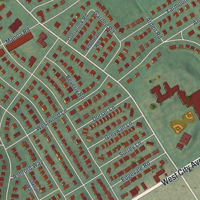 Close-up of the map of Penn Wynne, Pennsylvania print showing street and building detail