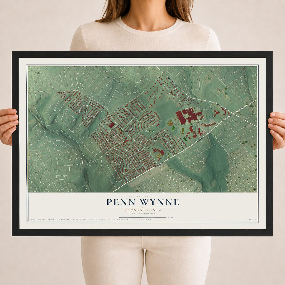 Map of Penn Wynne, Pennsylvania, 18 x 24 inch print in a black wood frame