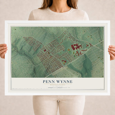 Map of Penn Wynne, Pennsylvania, 18 x 24 inch print in a white wood frame