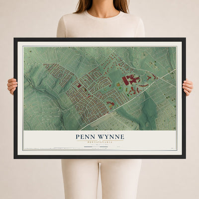 Map of Penn Wynne, Pennsylvania, 24 x 36 inch print in a black wood frame