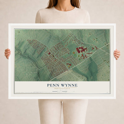 Map of Penn Wynne, Pennsylvania, 24 x 36 inch print in a white wood frame