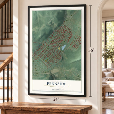 Pennside, Pennsylvania map, 24 x 36 inch print in a black frame by a staircase