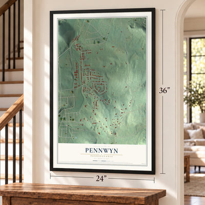 Pennwyn, Pennsylvania map, 24 x 36 inch print in a black frame by a staircase