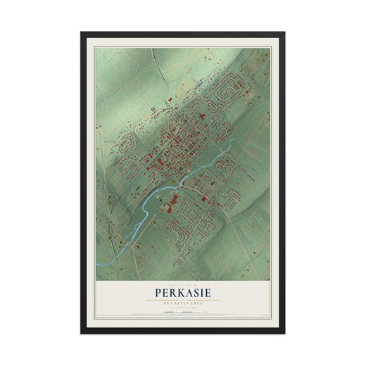 Map of Perkasie, Pennsylvania, 12 x 18 inch print in a black wood frame
