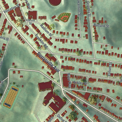 Close-up of the map of Perry North, Pennsylvania print showing street and building detail