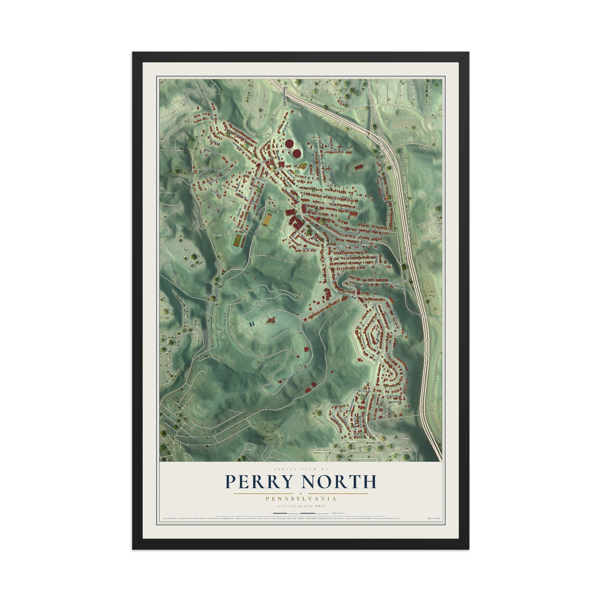 Map of Perry North, Pennsylvania, 12 x 18 inch print in a black wood frame