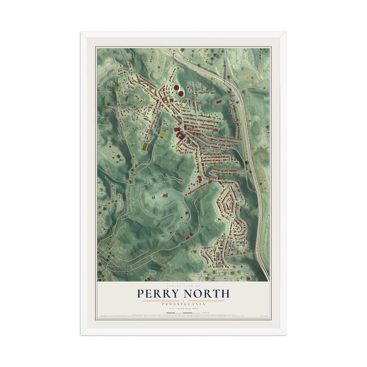 Map of Perry North, Pennsylvania, 12 x 18 inch print in a white wood frame