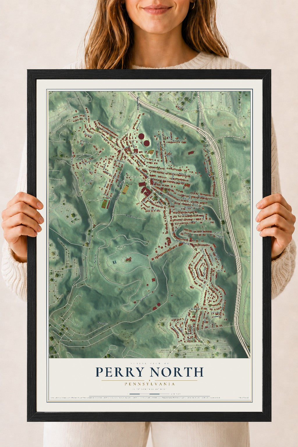Map of Perry North, Pennsylvania, 18 x 24 inch print in a black wood frame