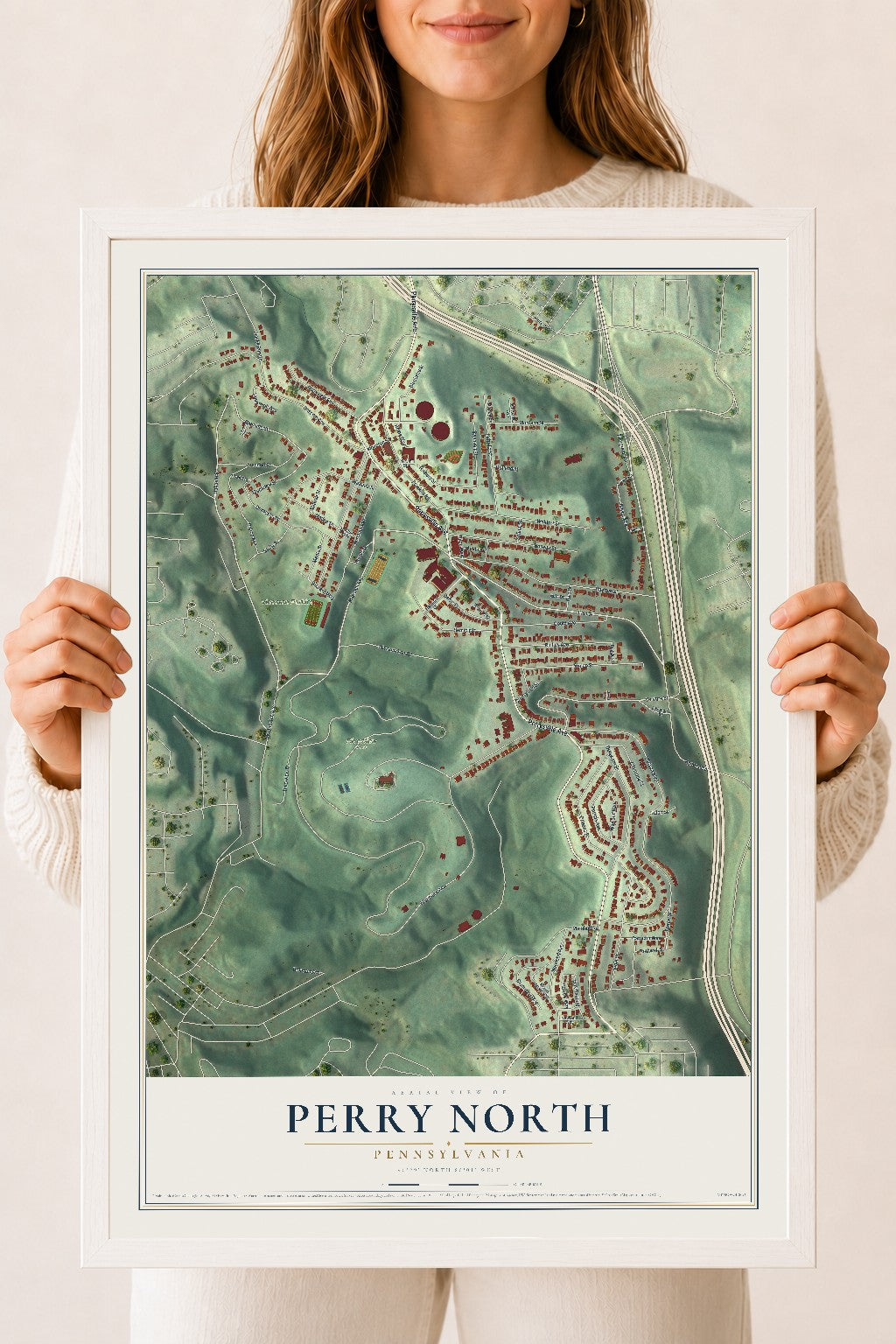 Map of Perry North, Pennsylvania, 18 x 24 inch print in a white wood frame