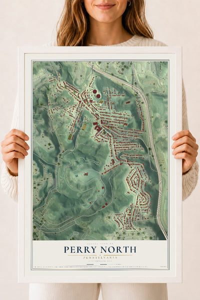 Map of Perry North, Pennsylvania, 18 x 24 inch print in a white wood frame