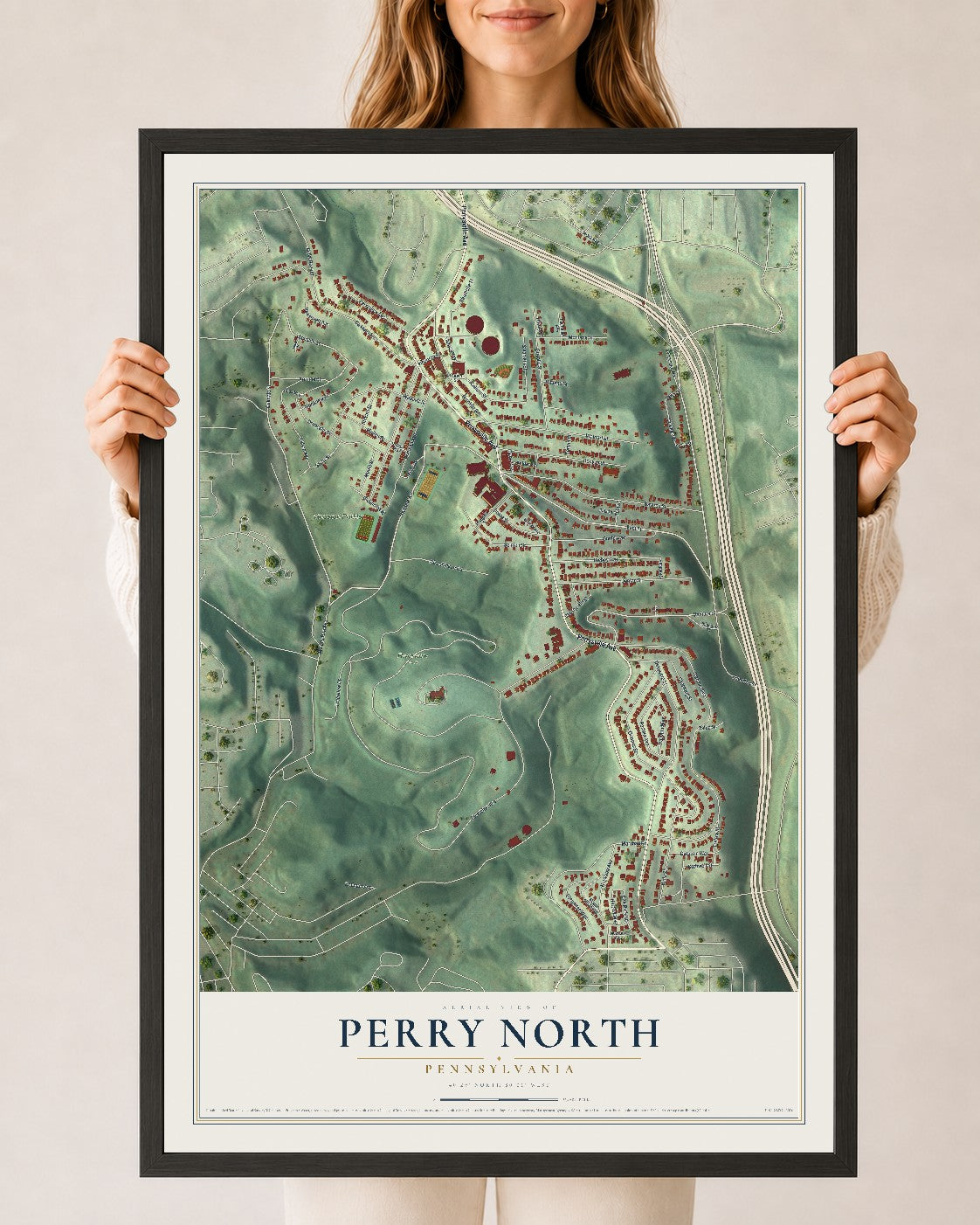 Map of Perry North, Pennsylvania, 24 x 36 inch print in a black wood frame