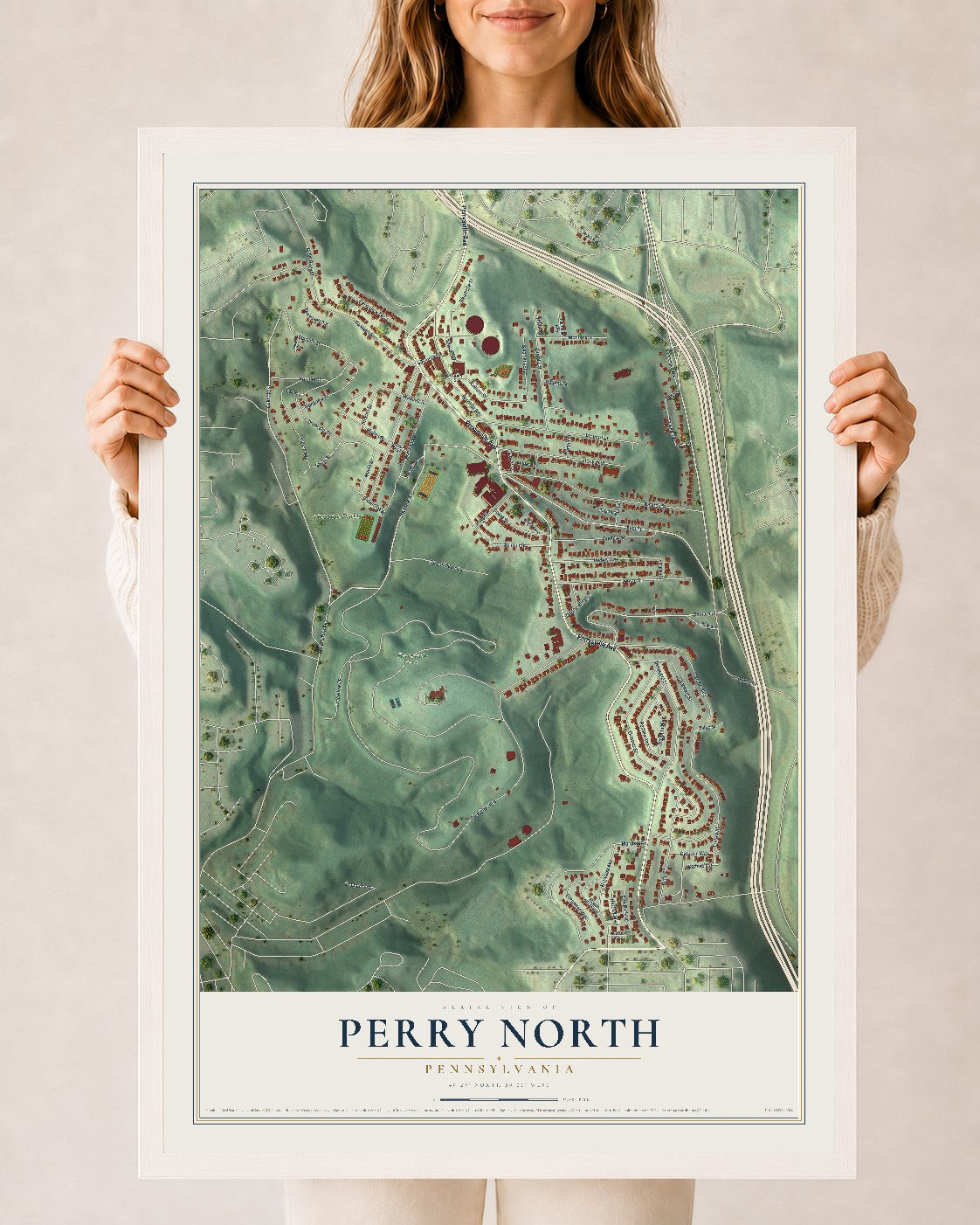 Map of Perry North, Pennsylvania, 24 x 36 inch print in a white wood frame