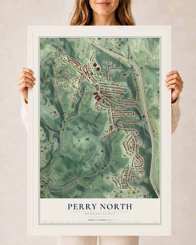 Map of Perry North, Pennsylvania, 24 x 36 inch print in a white wood frame