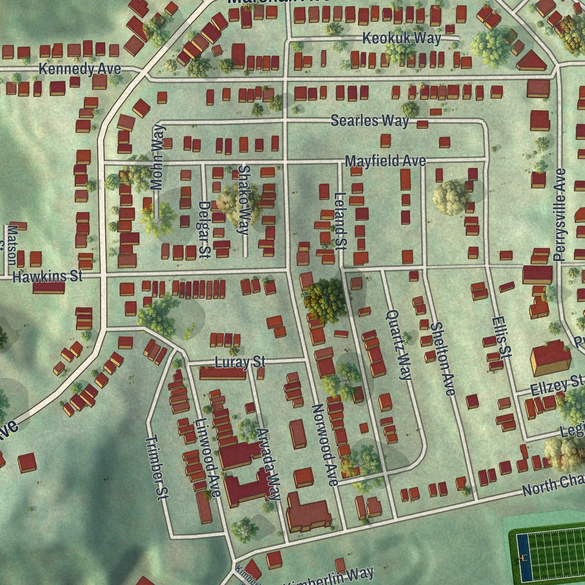 Close-up of the map of Perry South, Pennsylvania print showing street and building detail