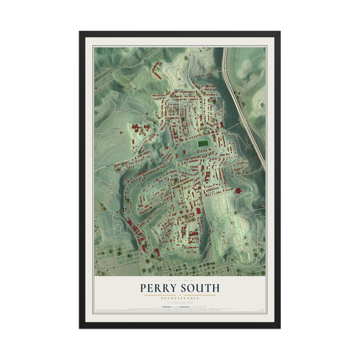 Map of Perry South, Pennsylvania, 12 x 18 inch print in a black wood frame