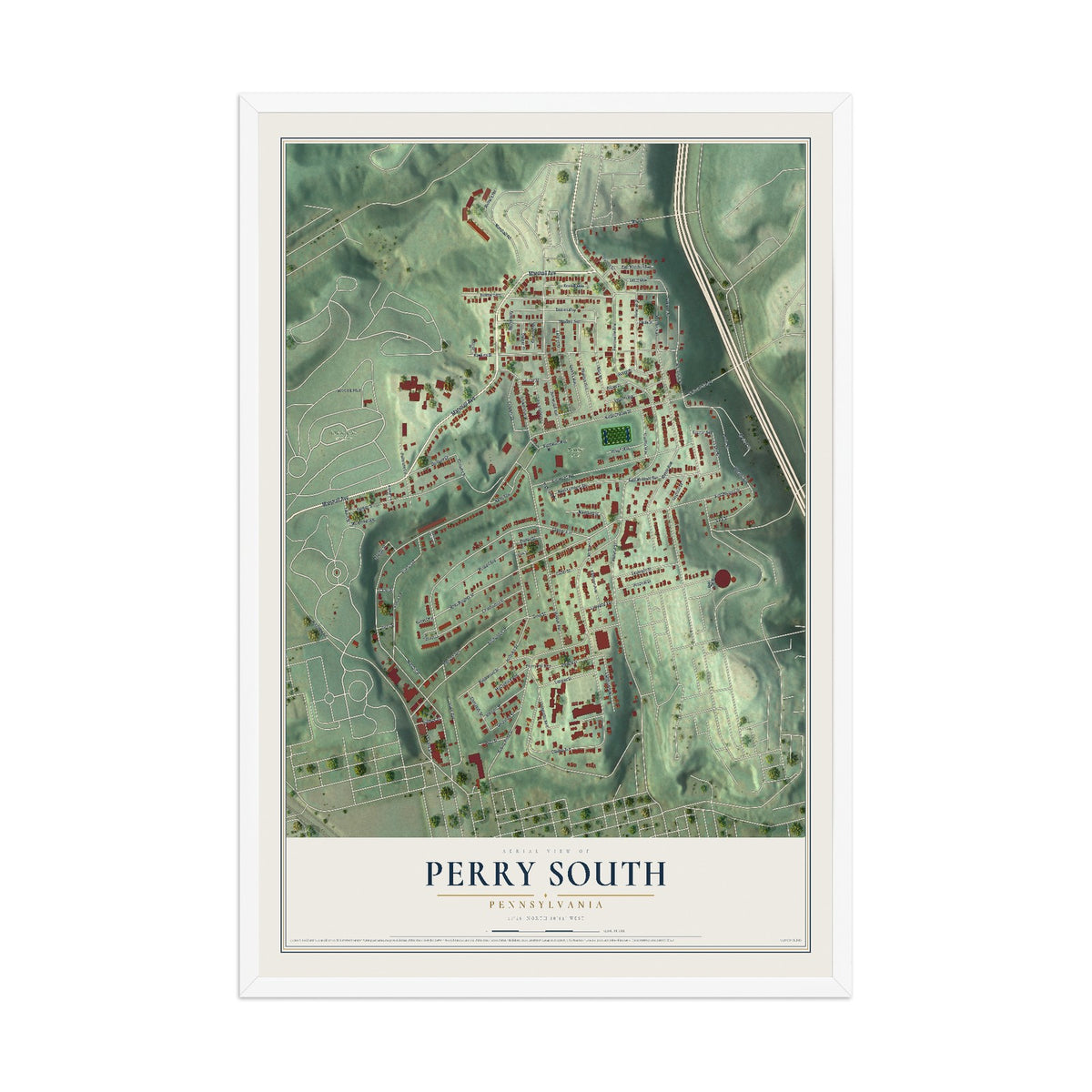 Map of Perry South, Pennsylvania, 12 x 18 inch print in a white wood frame