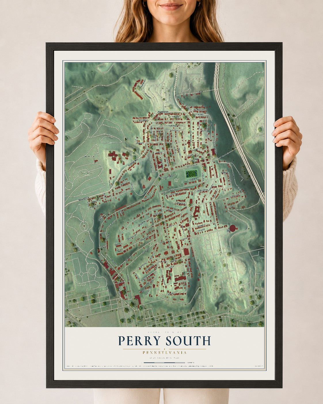 Map of Perry South, Pennsylvania, 24 x 36 inch print in a black wood frame