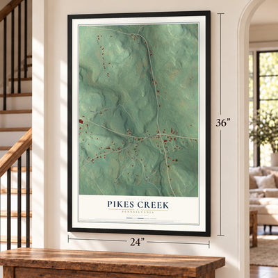 Pikes Creek, Pennsylvania map, 24 x 36 inch print in a black frame by a staircase
