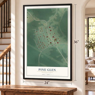 Pine Glen, Pennsylvania map, 24 x 36 inch print in a black frame by a staircase