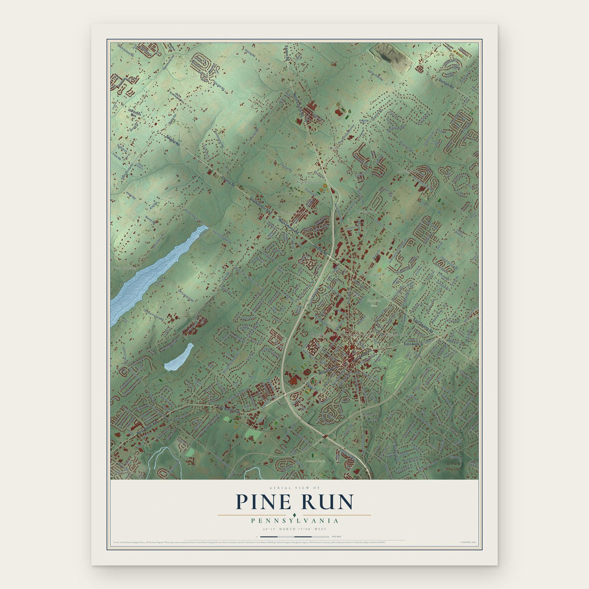 Pine Run, Bucks County, Pennsylvania map print, the full design