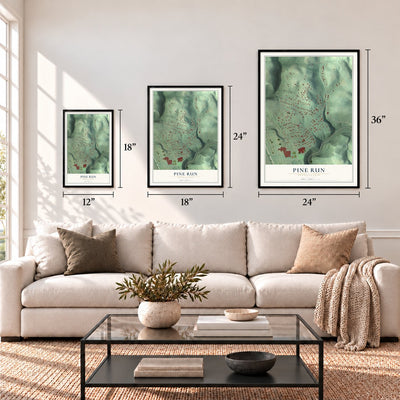 Pine Run, Pennsylvania map in 12 x 18, 18 x 24 and 24 x 36 inch sizes above a sofa