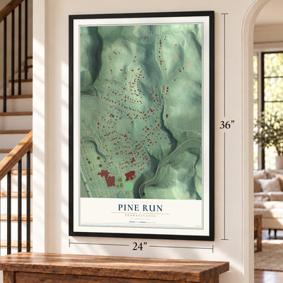 Pine Run, Pennsylvania map, 24 x 36 inch print in a black frame by a staircase