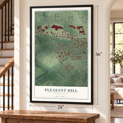 Pleasant Hill, Pennsylvania map, 24 x 36 inch print in a black frame by a staircase