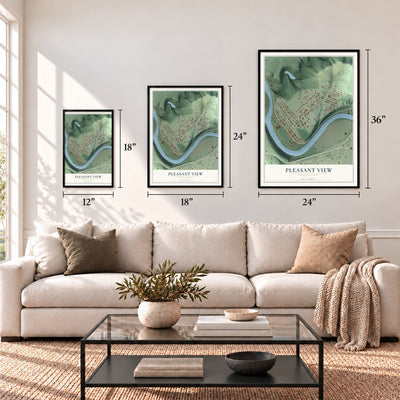 Pleasant View, Pennsylvania map in 12 x 18, 18 x 24 and 24 x 36 inch sizes above a sofa