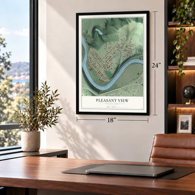 Pleasant View, Pennsylvania map, 18 x 24 inch print in a black frame in a home office