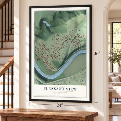 Pleasant View, Pennsylvania map, 24 x 36 inch print in a black frame by a staircase