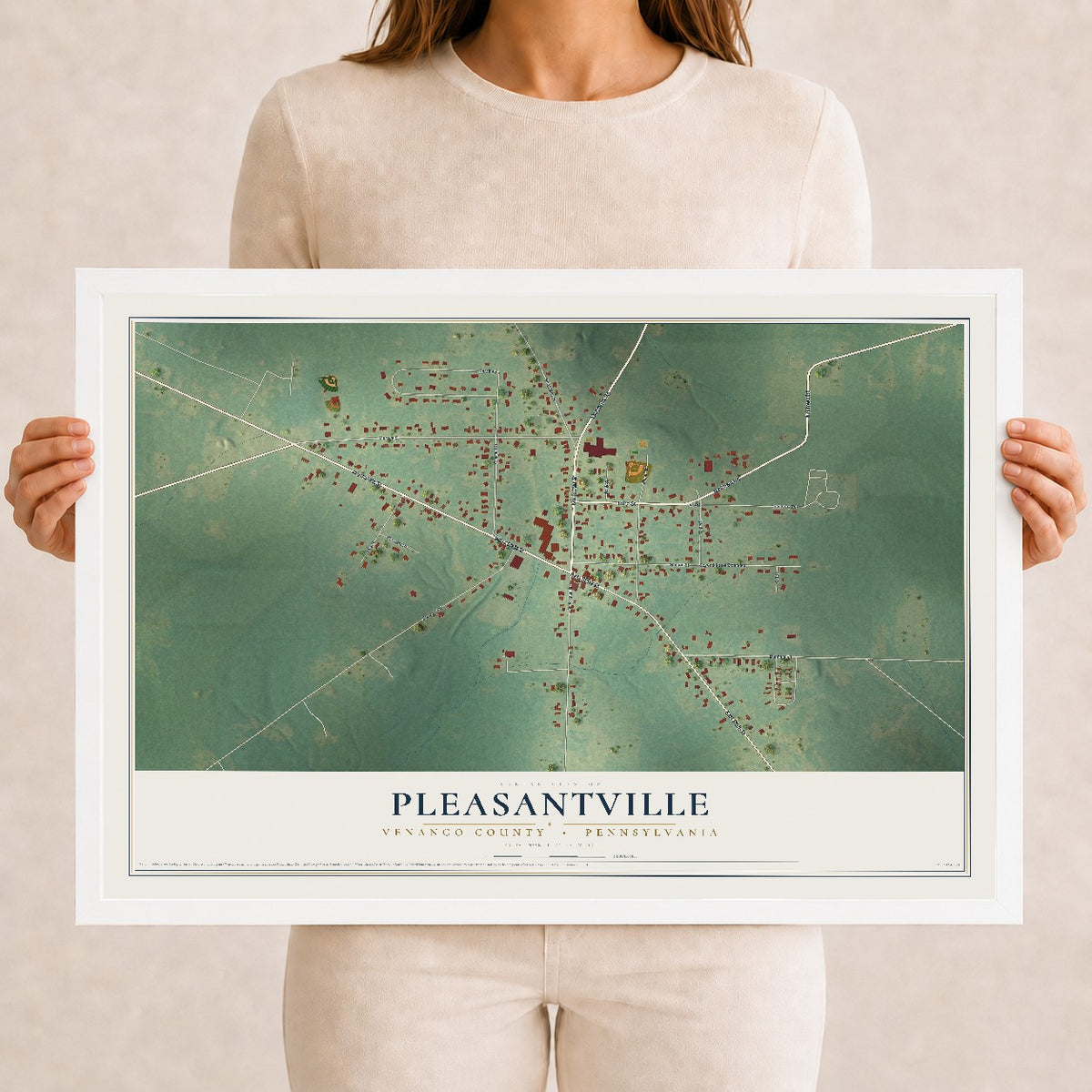 Map of Pleasantville, Venango County, Pennsylvania, 12 x 18 inch print in a white wood frame
