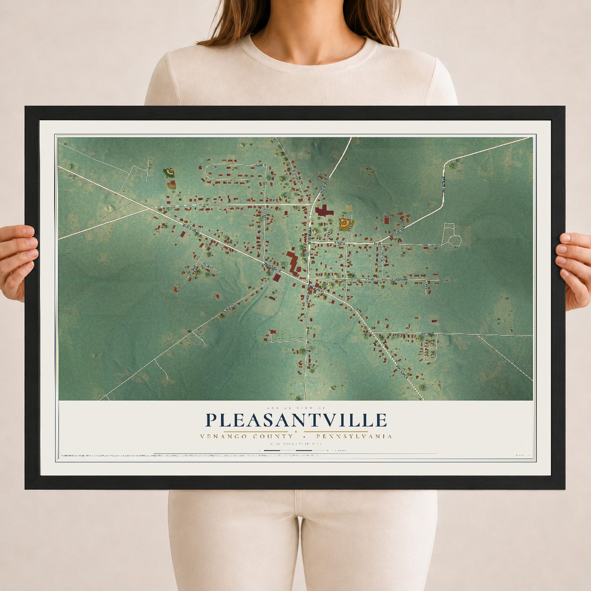 Map of Pleasantville, Venango County, Pennsylvania, 18 x 24 inch print in a black wood frame