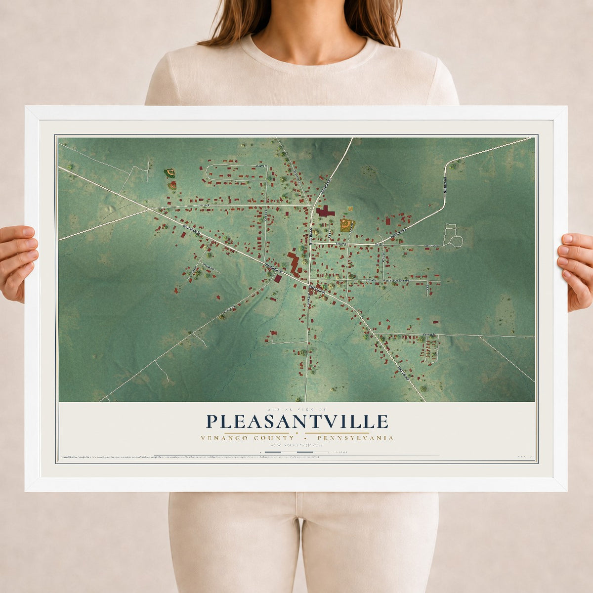 Map of Pleasantville, Venango County, Pennsylvania, 18 x 24 inch print in a white wood frame