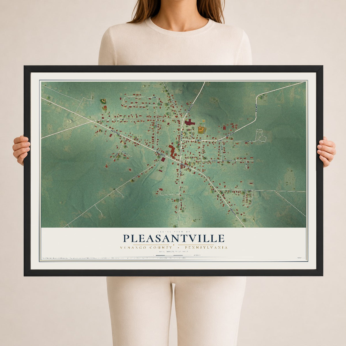 Map of Pleasantville, Venango County, Pennsylvania, 24 x 36 inch print in a black wood frame
