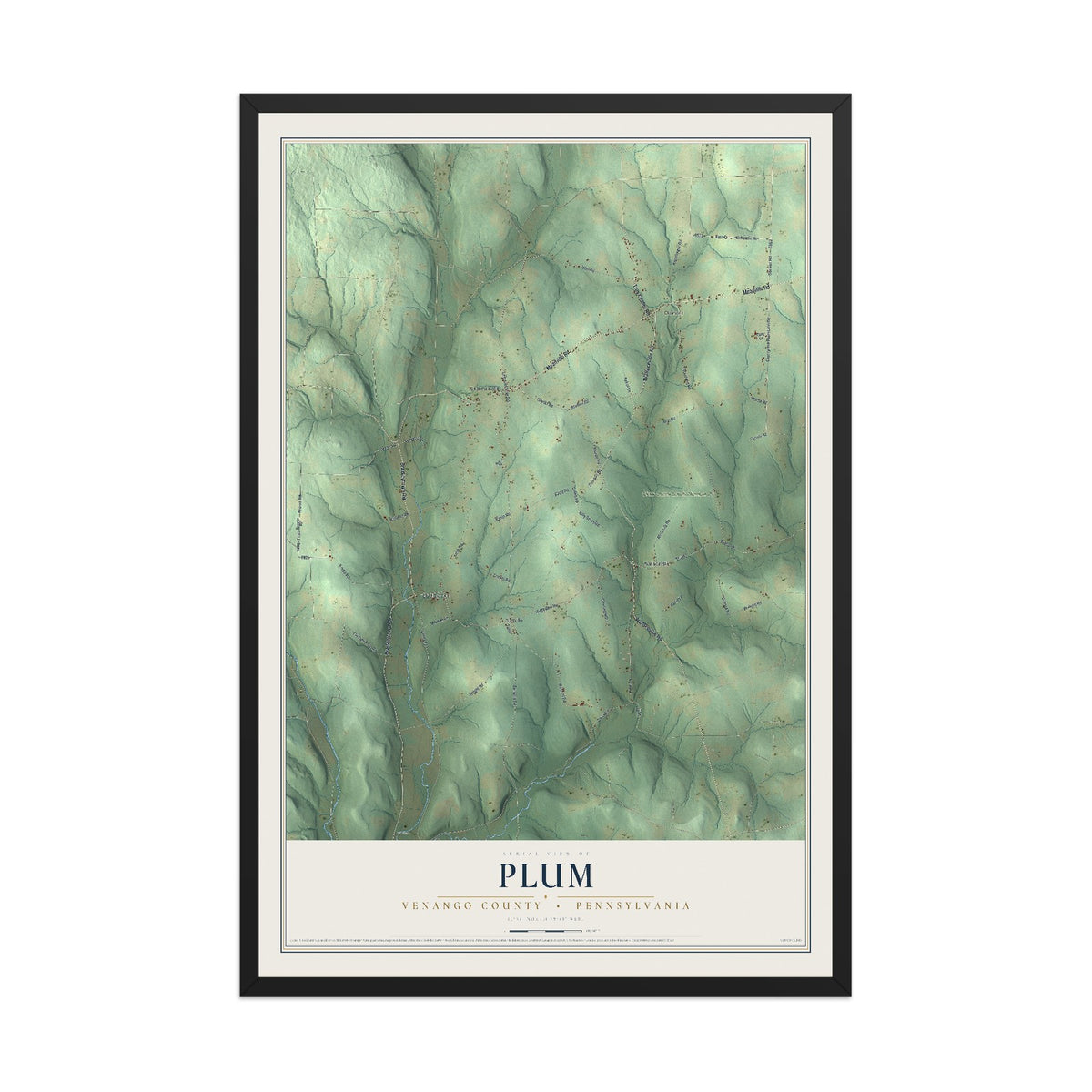 Map of Plum, Venango County, Pennsylvania, 12 x 18 inch print in a black wood frame