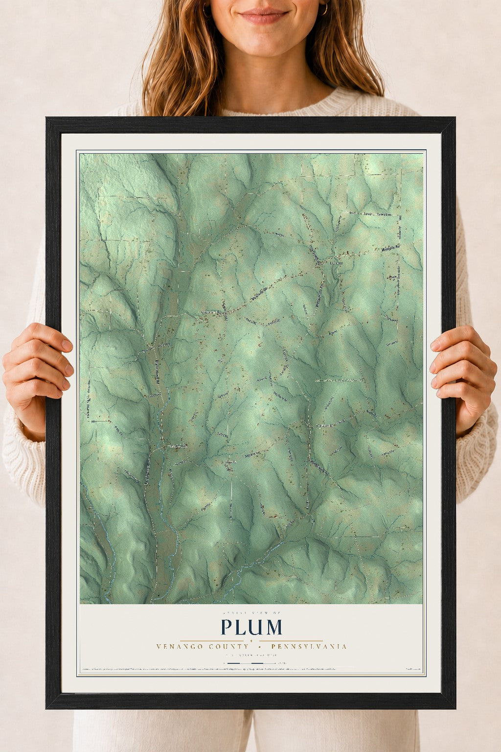 Map of Plum, Venango County, Pennsylvania, 18 x 24 inch print in a black wood frame