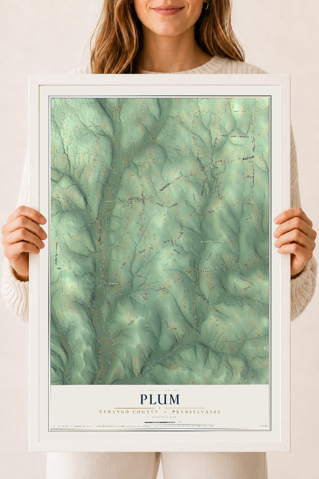 Map of Plum, Venango County, Pennsylvania, 18 x 24 inch print in a white wood frame