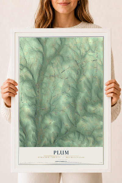 Map of Plum, Venango County, Pennsylvania, 18 x 24 inch print in a white wood frame